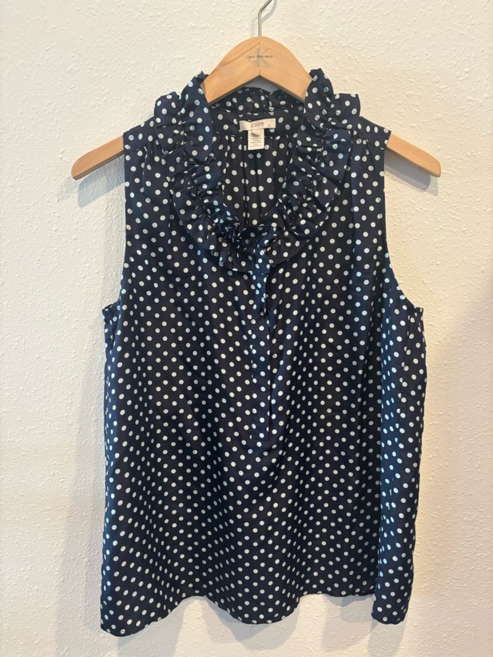 J. Crew Factory Navy and White Polka Dot Ruffle Neck Sleeveless Top 6